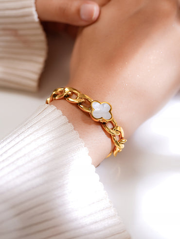 Demifine 18K Gold Plated Stainless steel Clover Charm Curb Chain Bracelet