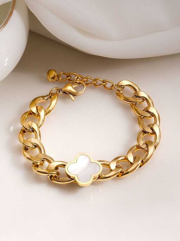 Demifine 18K Gold Plated Stainless steel Clover Charm Curb Chain Bracelet