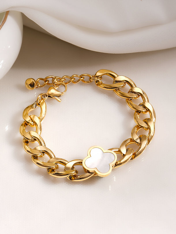 Demifine 18K Gold Plated Stainless steel Clover Charm Curb Chain Bracelet