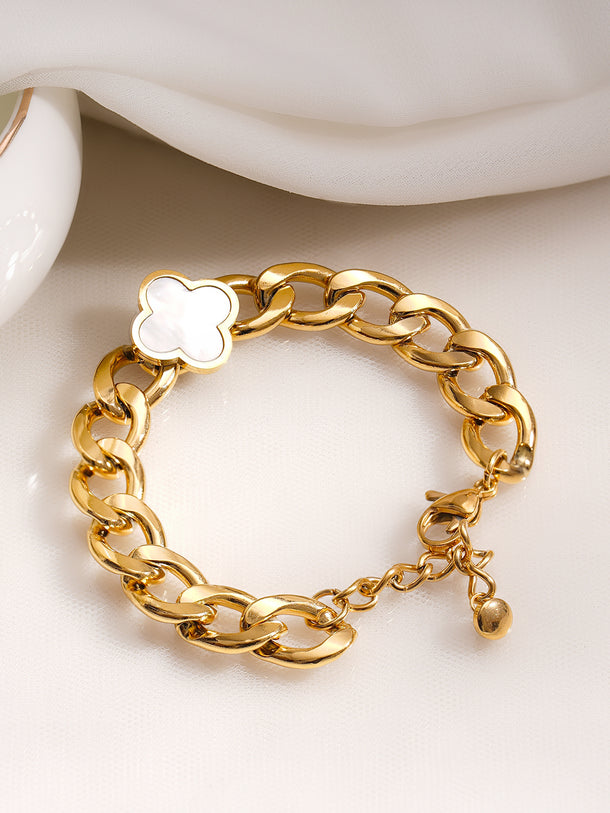 Demifine 18K Gold Plated Stainless steel Clover Charm Curb Chain Bracelet