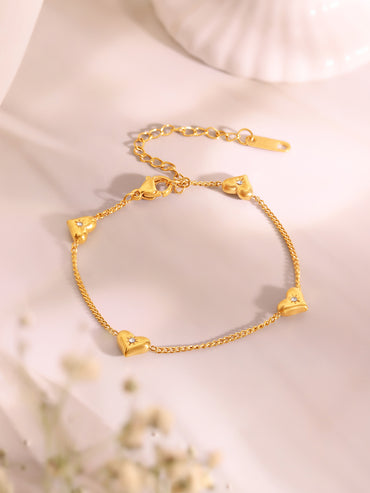 Demifine 18k Gold Plated Stainless Steel Heart Charm Bracelet & Stud Earrings