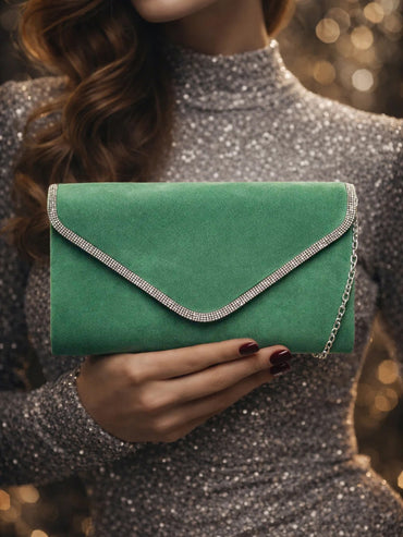 Green Velvet Chain Statement Clutch