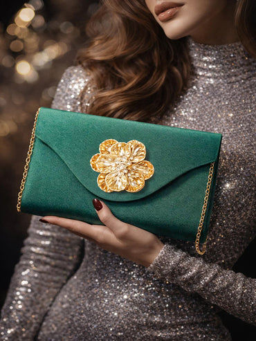 Gold Bloom Embellished Green Satin Clutch