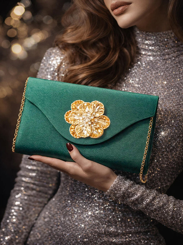 Gold Bloom Embellished Green Satin Clutch
