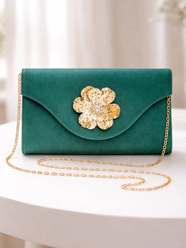 Gold Bloom Embellished Green Satin Clutch