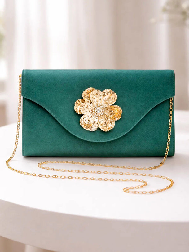 Gold Bloom Embellished Green Satin Clutch