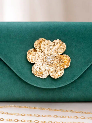 Gold Bloom Embellished Green Satin Clutch