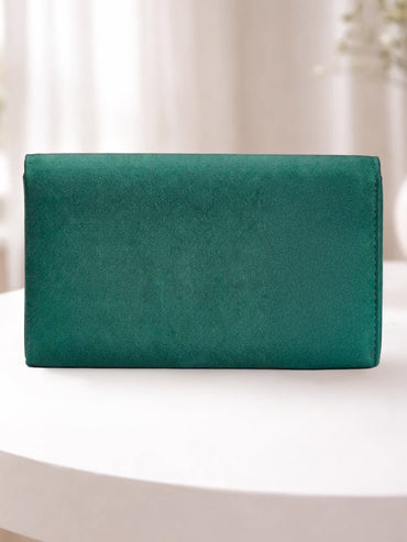 Gold Bloom Embellished Green Satin Clutch