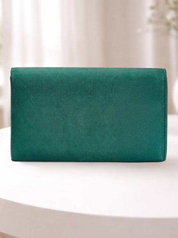 Gold Bloom Embellished Green Satin Clutch
