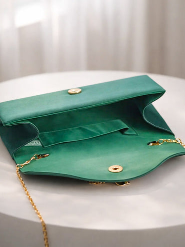 Gold Bloom Embellished Green Satin Clutch