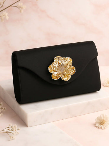 Rubans Women Satin Sling Bag with Embellished Sculpted Gold Floral Brooch Detailing