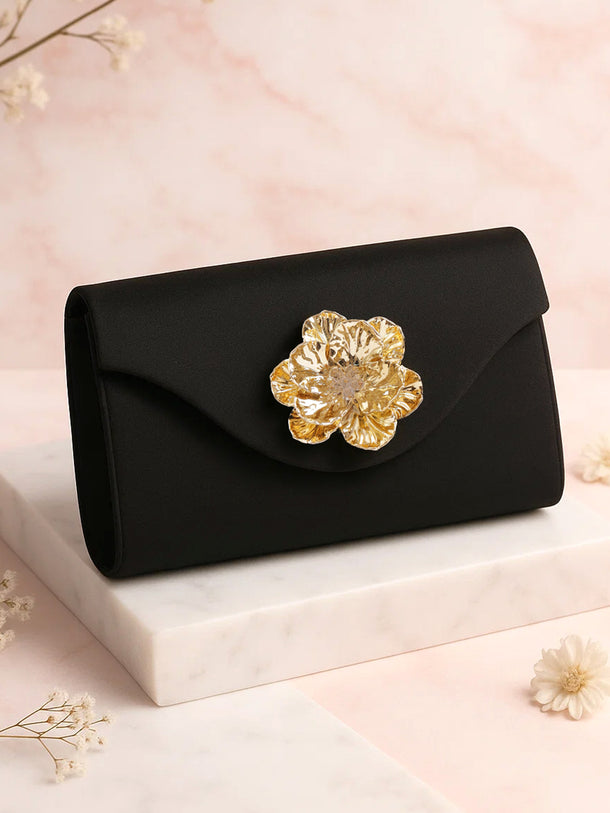 Rubans Women Satin Sling Bag with Embellished Sculpted Gold Floral Brooch Detailing