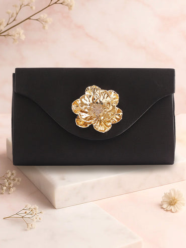 Rubans Women Satin Sling Bag with Embellished Sculpted Gold Floral Brooch Detailing