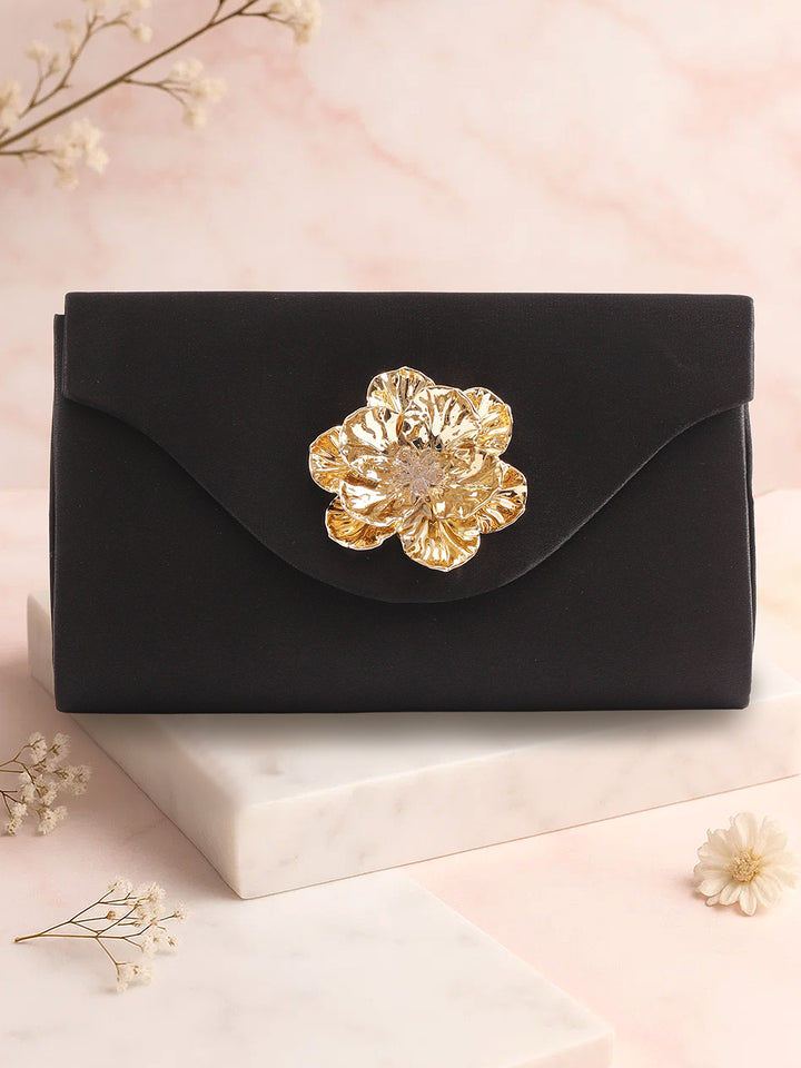 Rubans Women Satin Sling Bag with Embellished Sculpted Gold Floral Brooch Detailing