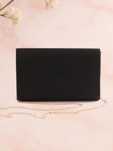 Rubans Women Satin Sling Bag with Embellished Sculpted Gold Floral Brooch Detailing