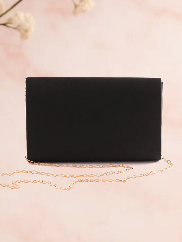 Rubans Women Satin Sling Bag with Embellished Sculpted Gold Floral Brooch Detailing