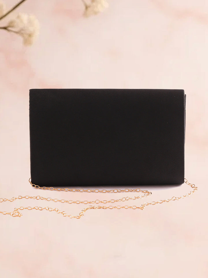 Rubans Women Satin Sling Bag with Embellished Sculpted Gold Floral Brooch Detailing