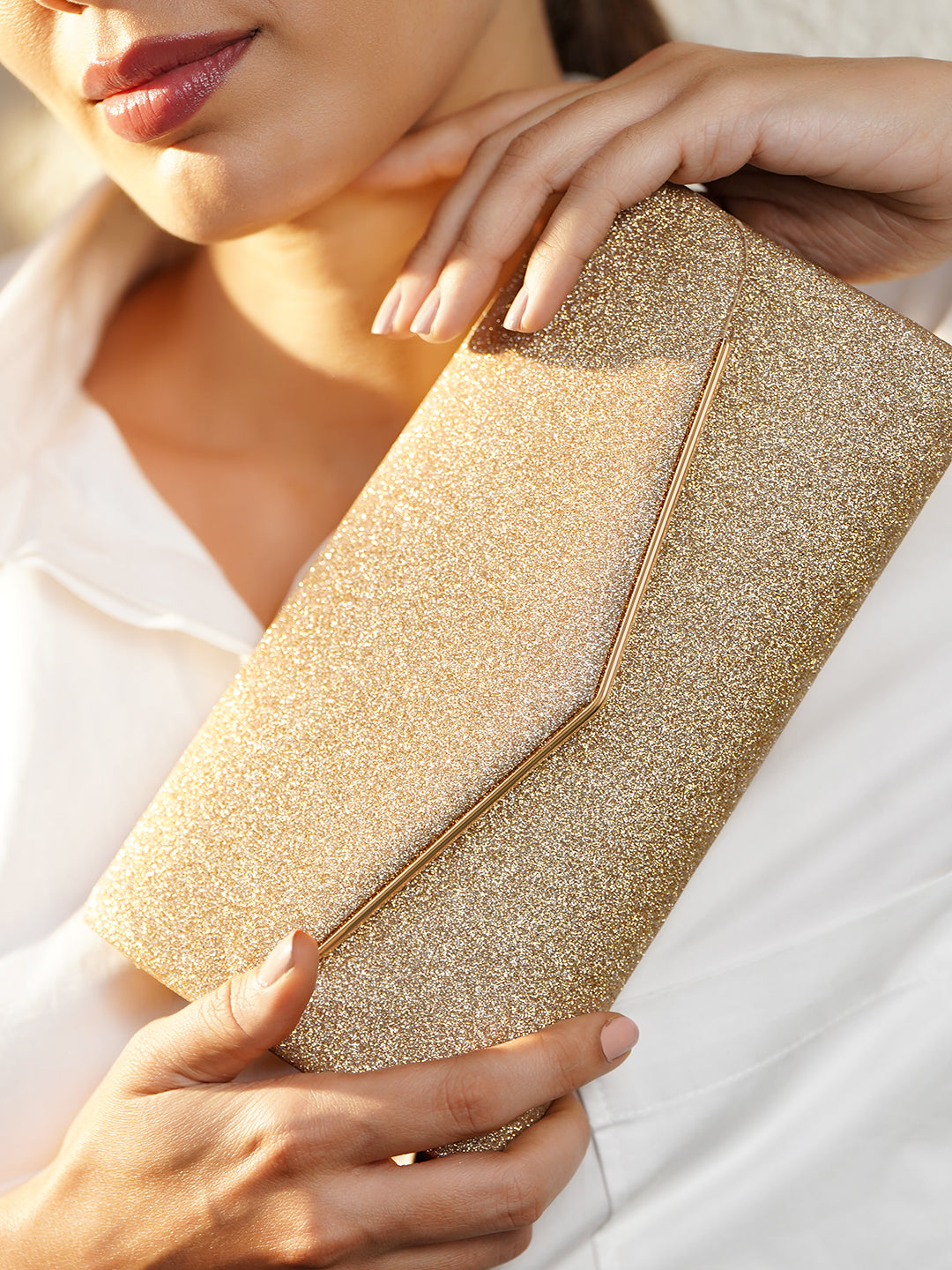 Rubans Women Gold Glitter Textured Structured Sling Bag with Metallic Detailing