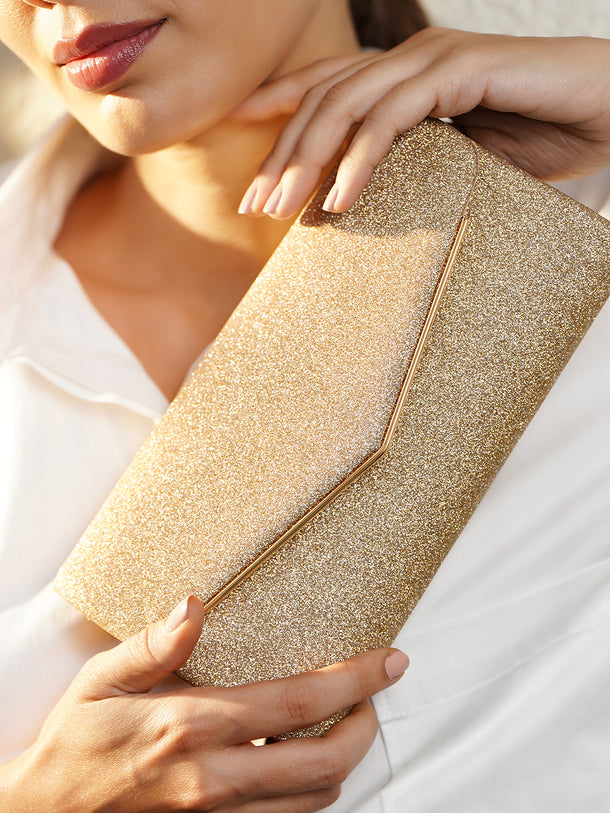 Rubans Women Gold Glitter Textured Structured Sling Bag with Metallic Detailing