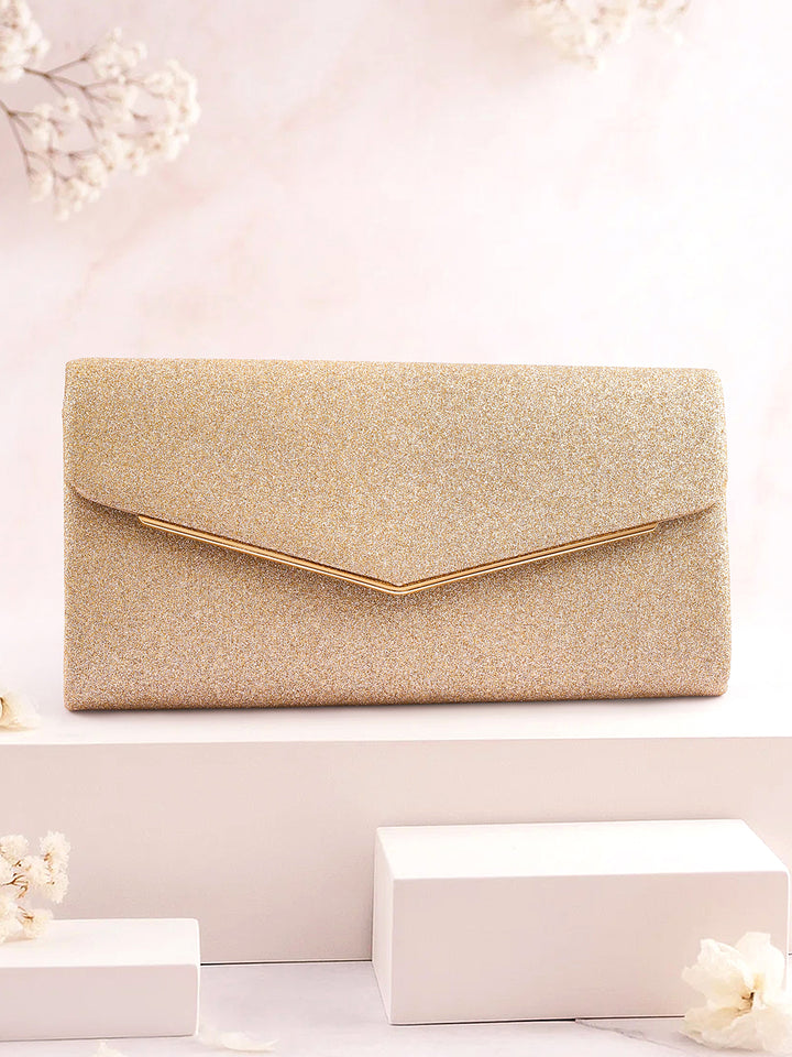 Rubans Women Gold Glitter Textured Structured Sling Bag with Metallic Detailing