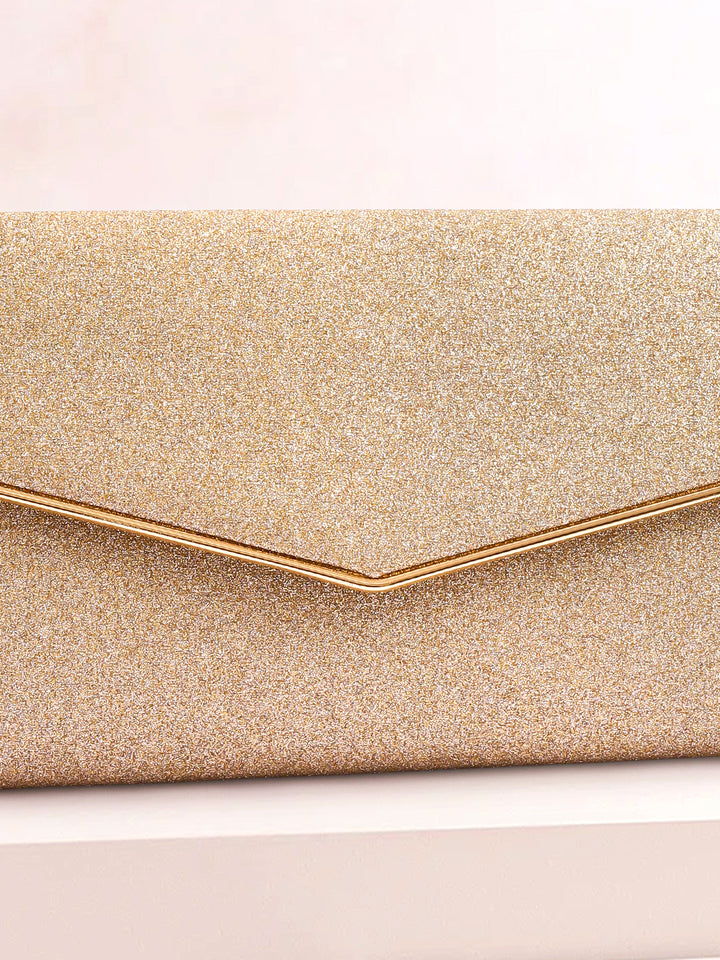 Rubans Women Gold Glitter Textured Structured Sling Bag with Metallic Detailing