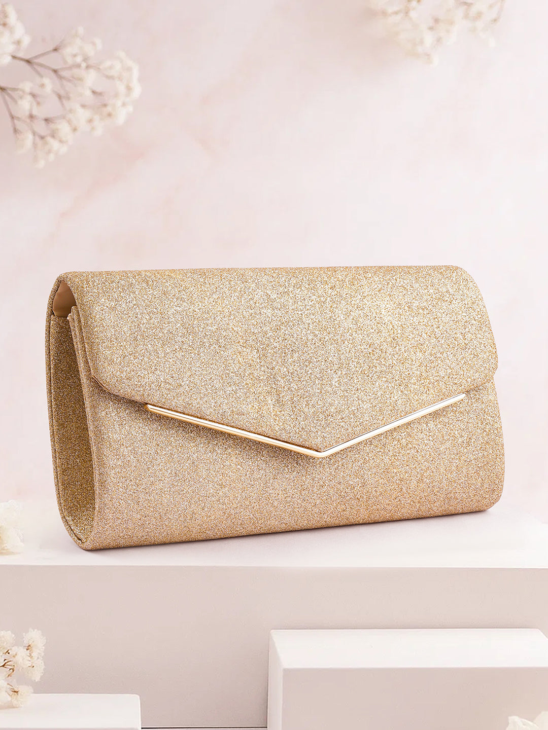 Rubans Women Gold Glitter Textured Structured Sling Bag with Metallic Detailing