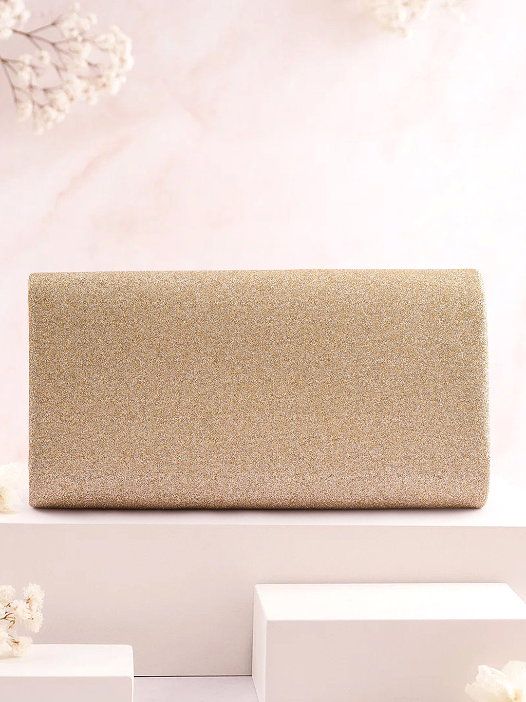 Rubans Women Gold Glitter Textured Structured Sling Bag with Metallic Detailing