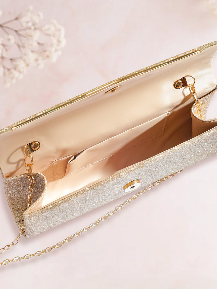 Rubans Women Gold Glitter Textured Structured Sling Bag with Metallic Detailing