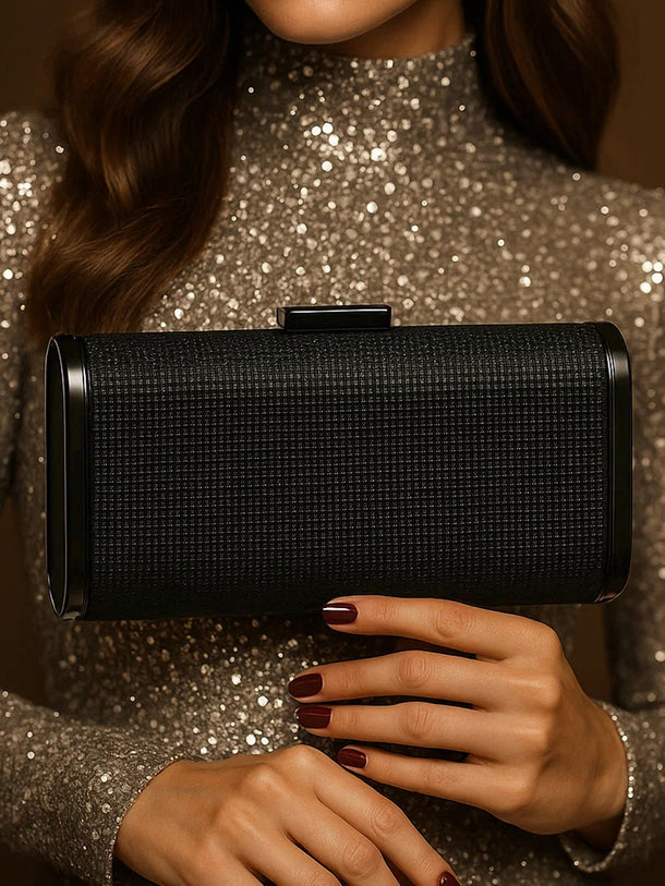 Evening Glam Textured Black Clutch