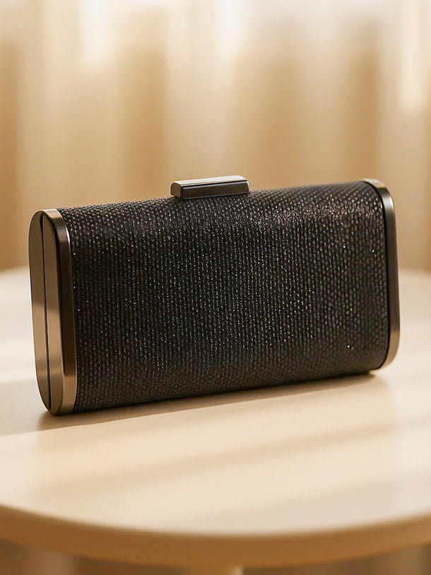 Evening Glam Textured Black Clutch