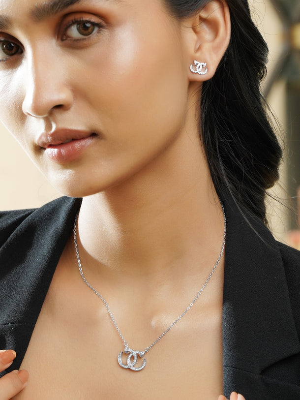 Rubans Rhodium-Plated Interlocked C Cubic Zirconia Pendant Necklace Set