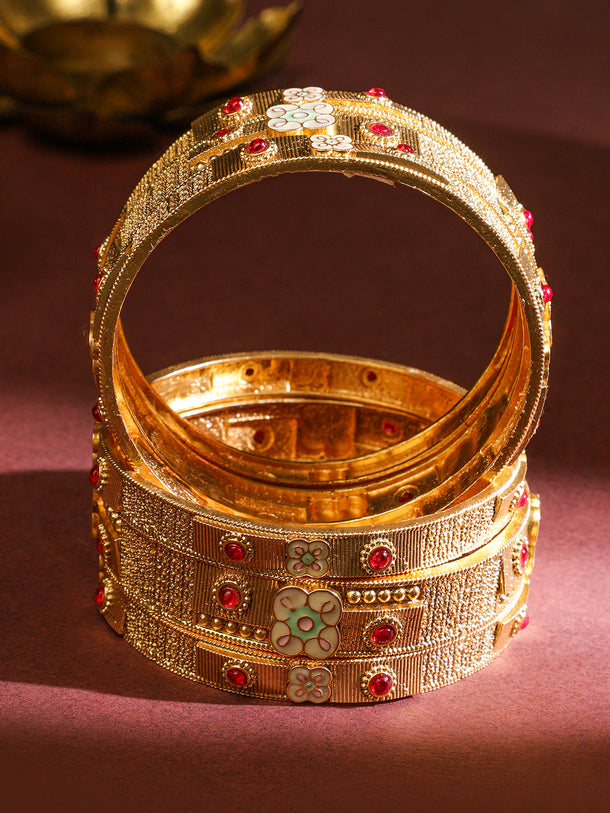 Gold Toned Pink Studded Bangles Set Of 6