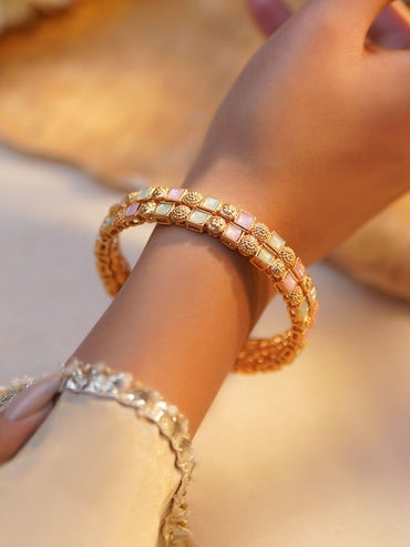 Rubans Set of 2 Gold Plated Multicolor Floral Bangles