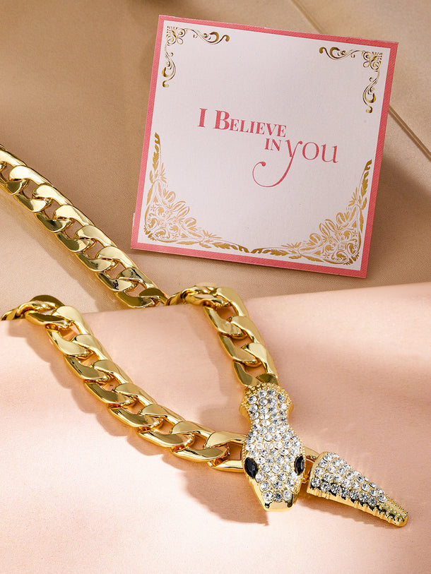Crystal Studded Snake Pattern Gold Necklace