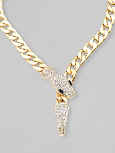 Crystal Studded Snake Pattern Gold Necklace