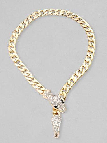 Crystal Studded Snake Pattern Gold Necklace