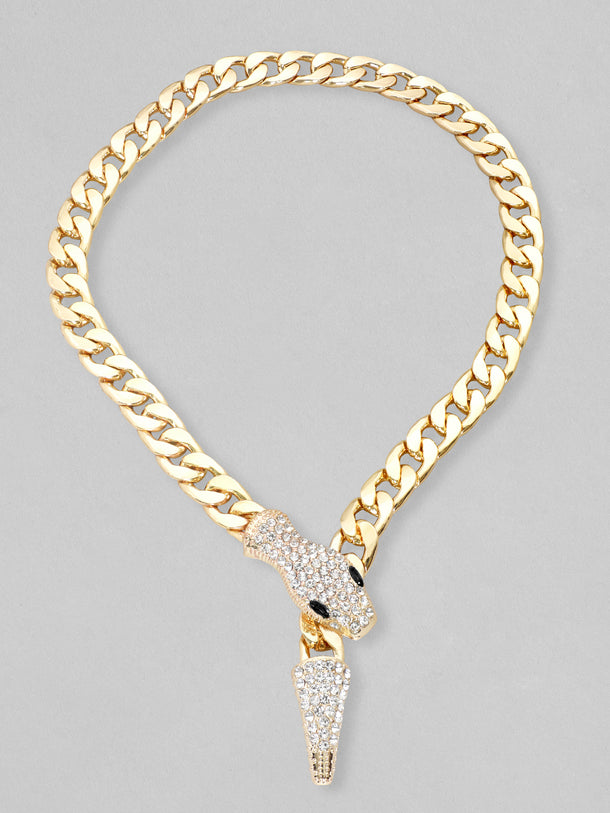 Crystal Studded Snake Pattern Gold Necklace