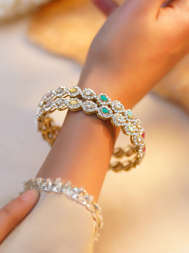 Rubans Set of 2 Gold Plated Kundan Multicolor Bangles