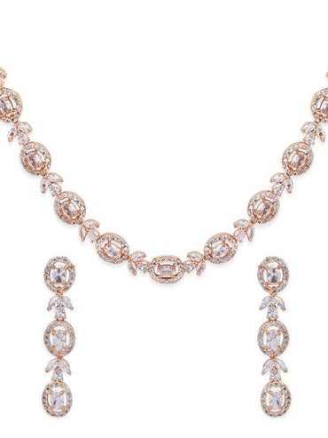 Rubans Simple Gold Toned CZ Necklace Set with Long Earrings