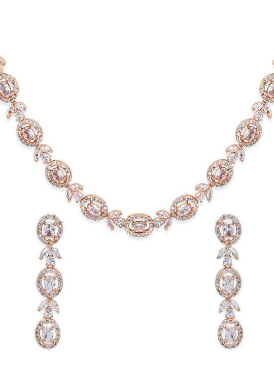 Rubans Simple Gold Toned CZ Necklace Set with Long Earrings