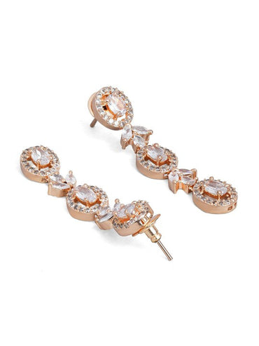 Rubans Simple Gold Toned CZ Necklace Set with Long Earrings