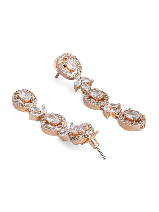 Rubans Simple Gold Toned CZ Necklace Set with Long Earrings