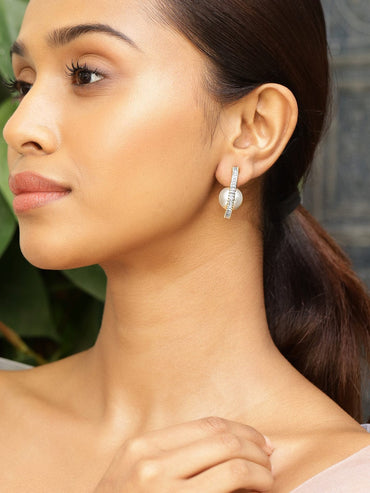 Adorned Pearl & American Diamond Zirconia Golden Hoops Earrings