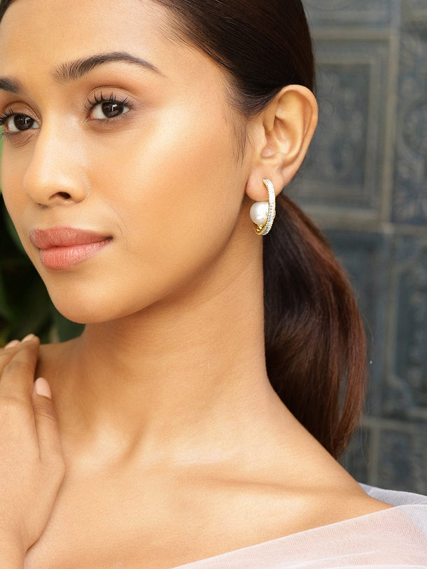 Adorned Pearl & American Diamond Zirconia Golden Hoops Earrings