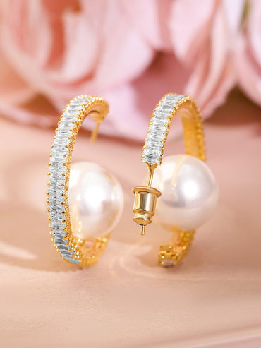 Adorned Pearl & American Diamond Zirconia Golden Hoops Earrings