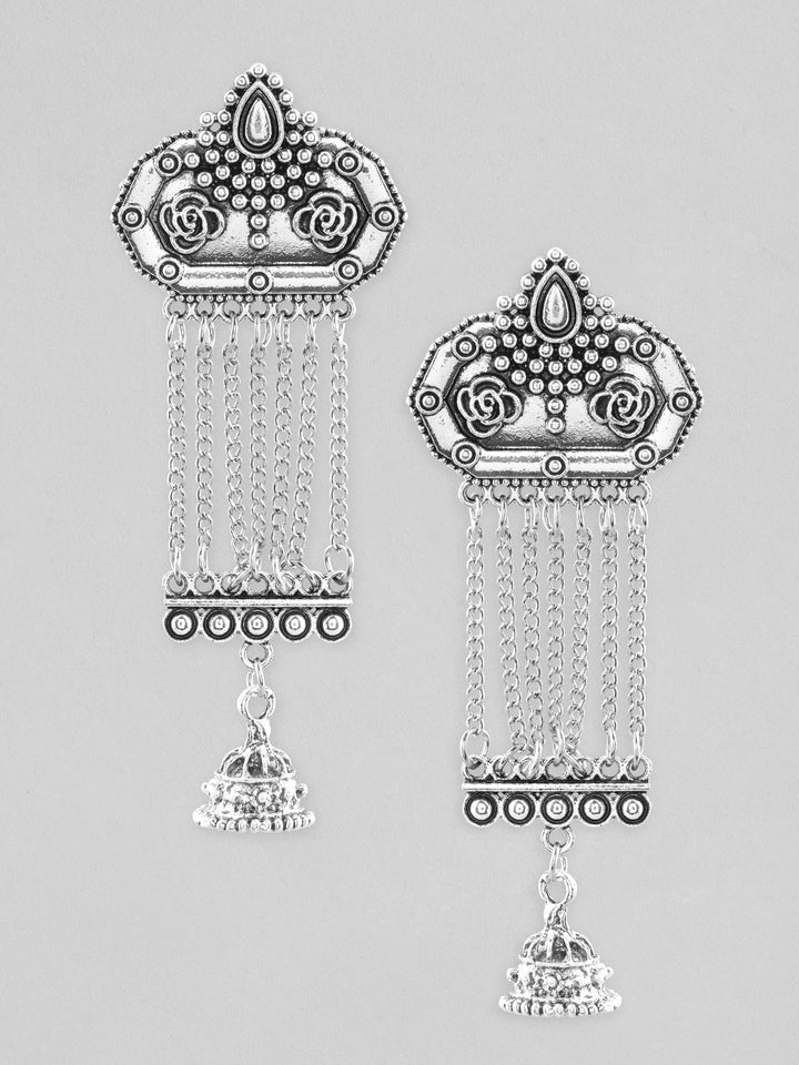 Rubans Oxidized Silver-Plated Chain Tassel Earrings with Jhumka Drops