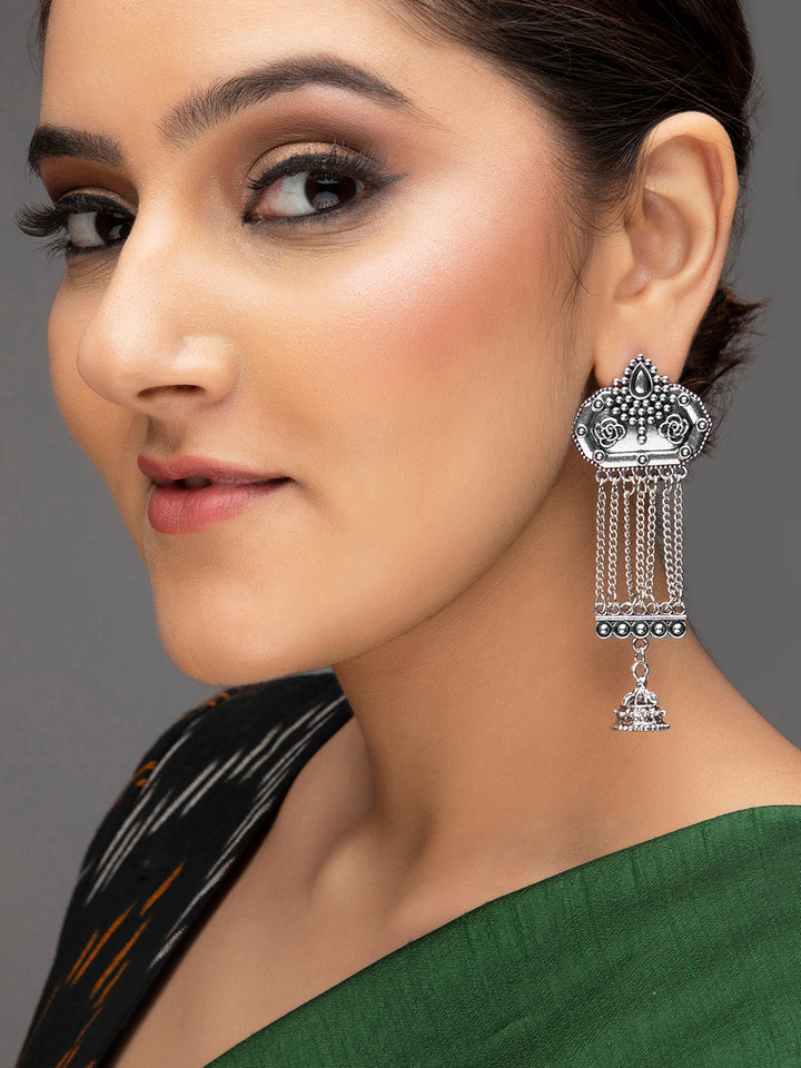 Rubans Oxidized Silver-Plated Chain Tassel Earrings with Jhumka Drops