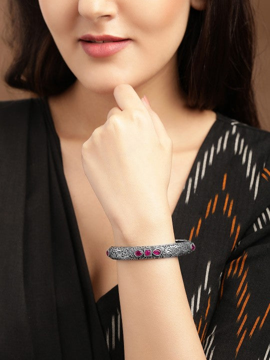 Rubans Oxidised Silver Plated Handcrafted Pink Stone Filigree Bangle