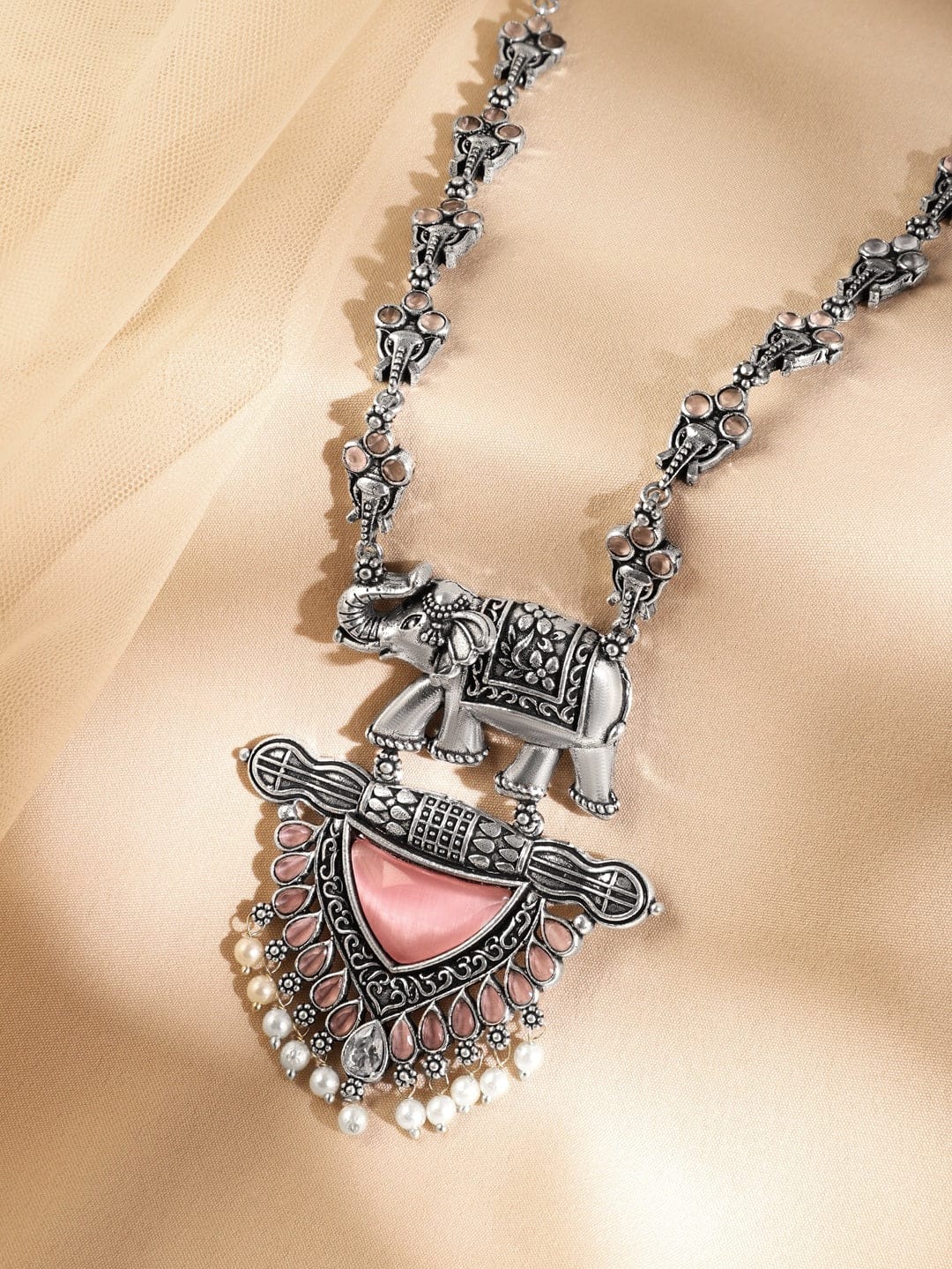 Antique Elephant Motif with Pearl Beads Statement Necklace Necklace & Chains