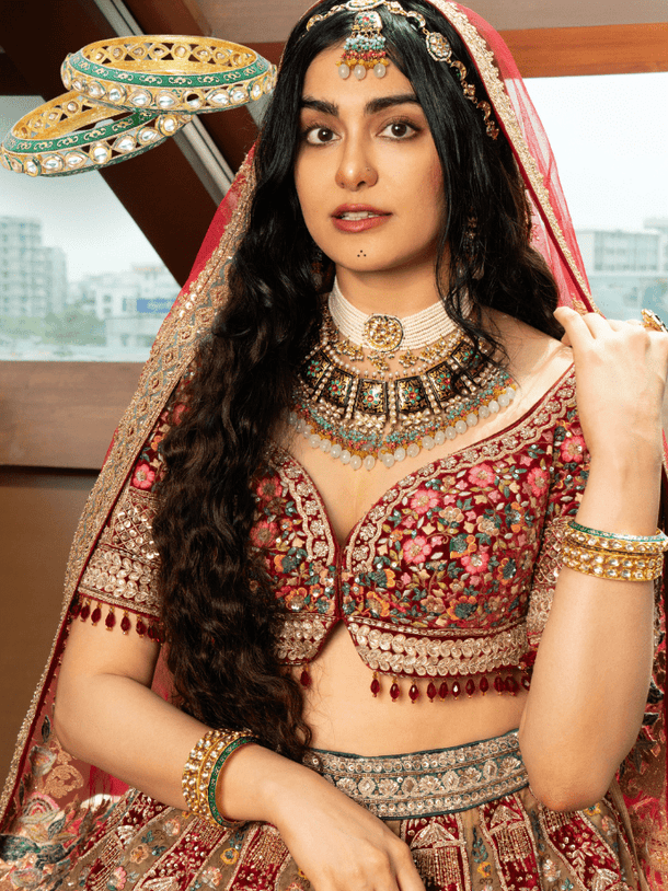 As Seen On Adah Sharma - Rubans 24K Gold Plated Kundan Studded Green Enamel Bangles Bangles & Bracelets